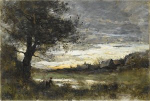 Souvenir fra Normandiet, solnedgang af Jean Baptiste Camille Corot
